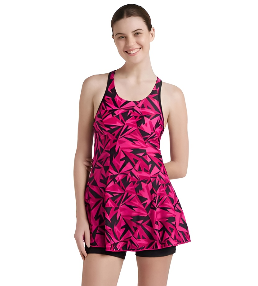 Speedo Women Hyperboom Printed Racerback Frock Style Swimwear With Boyleg