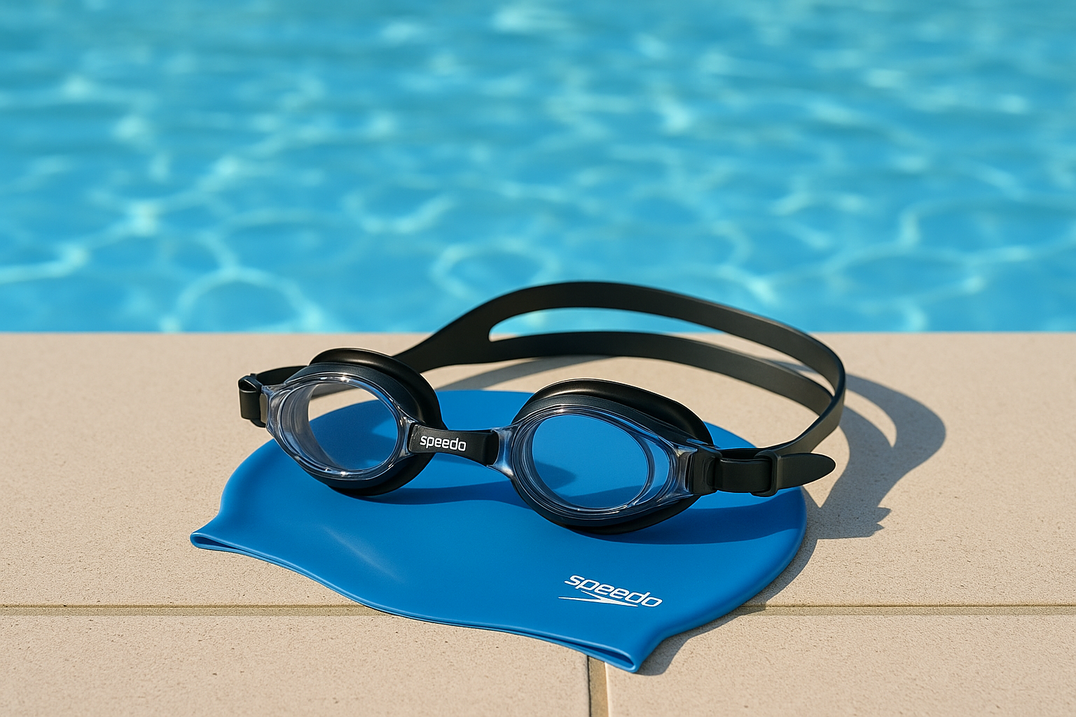 Speedo Swimming goggles and cap kept at the end of pool